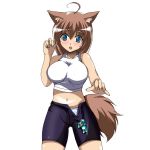  1girl ahoge animal_ears blue_eyes blush breasts collarbone impossible_clothes large_breasts midriff navel onaho_(otayoku) open_mouth original panties simple_background solo striped striped_panties tail underwear white_background wolf_ears wolf_tail 