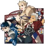  3boys archer armor blonde_hair blue_hair fate/stay_night fate_(series) gilgamesh kuroihato lancer multiple_boys no_outlines red_eyes white_hair 