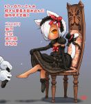  1girl animal_ears cat_ears cat_tail dress dressing hair_over_one_eye hat highres lee_(colt) mini_top_hat original short_hair sitting solo_focus tail top_hat white_hair 