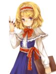  1girl alice_margatroid blonde_hair blue_eyes book bow capelet dress expressionless grimoire_of_alice hairband highres lolita_hairband meshi-dan short_hair touhou 