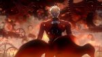  1boy archer fate/stay_night fate_(series) food from_behind fruit highres orange skyt2 solo unlimited_blade_works white_hair 