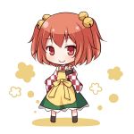  1girl apron bell book checkered chibi clothes_writing hair_bell hair_ornament motoori_kosuzu red_eyes redhead shichikaku short_hair simple_background smile solo touhou twintails white_background wide_sleeves 