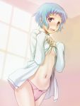  blue_eyes blue_hair breasts covering covering_breasts hijiri_ruka navel nearly_naked_shirt panties persona persona_3 pink_panties short_hair sleeves_past_wrists small_breasts sweatdrop underwear yamagishi_fuuka 