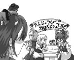  5girls apron bow bowl_hat braid cake character_doll detached_sleeves eating food fork funny_glasses glasses greyscale hair_bow hair_tubes hakurei_reimu hato_(grazie_a_domani_7) horns izayoi_sakuya kijin_seija kirisame_marisa maid_headdress minigirl monochrome multicolored_hair multiple_girls no_hat person_on_head short_hair sign single_braid streaked_hair sukuna_shinmyoumaru sunglasses touhou translation_request waist_apron 