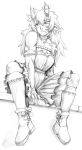  1girl ankle_boots armband bare_shoulders blush boots choker greyscale horn_ribbon horns long_hair monochrome monster_girl monster_girl_encyclopedia muscle ogre ogre_(monster_girl_encyclopedia) pointy_ears ribbon sitting sketch skirt skirt_tug socks solo tattoo whistle_frog 