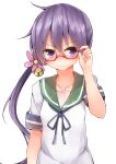  1girl adjusting_glasses akebono_(kantai_collection) bell bespectacled bust flower frown glasses hair_bell hair_flower hair_ornament kantai_collection looking_at_viewer mizushina_minato neckerchief purple_hair red-framed_glasses sailor_collar school_uniform serafuku side_ponytail simple_background solo violet_eyes white_background 