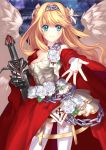  1girl armor armored_dress blonde_hair blue_background bridal_gauntlets cape carnation chain dress flower gauntlets gloves green_eyes hairband half_updo inanna123 long_hair original outstretched_hand skirt smile solo strapless_dress sword thigh-highs weapon white_legwear wings 