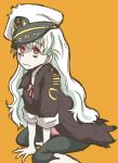  1girl arm_support character_request kosumo_(kosuhoshi) long_hair looking_up military military_uniform naval_uniform red_eyes simple_background sitting sleeves_rolled_up solo torn_clothes uniform very_long_hair white_hair 
