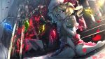  1girl :o between_legs blonde_hair flandre_scarlet gears hand_between_legs hat highres looking_at_viewer machinery red_eyes revision ryosios short_hair side_ponytail sitting solo stairs stuffed_toy touhou wariza wings 