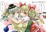  2girls ;q @_@ alternate_hairstyle blonde_hair bow double_bun fang flandre_scarlet green_eyes hair_bow hat hug komeiji_koishi looking_at_viewer mimoto_(aszxdfcv) multiple_girls one_eye_closed red_eyes side_ponytail silver_hair tongue tongue_out touhou translation_request wide_sleeves wings 