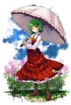  1girl ascot blue_sky clouds field flower flower_field green_hair kazami_yuuka long_skirt long_sleeves parasol red_eyes shirt skirt skirt_set sky smile solo touhou umbrella umigarasu_(kitsune1963) vest 