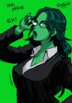  1girl adjusting_glasses breasts eroquis formal glasses green green_background green_hair green_skin lips long_hair marvel open_mouth she-hulk solo suit 