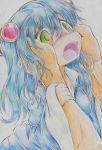  1girl absurdres blue_hair blush colored_pencil_(medium) commentary_request green_eyes hair_bobbles hair_ornament hands_on_another&#039;s_cheeks hands_on_another&#039;s_face highres kawashiro_nitori kitazinger long_sleeves open_mouth pov_hands shirt skirt touhou traditional_media two_side_up wide_sleeves 