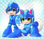  1boy 1girl :3 ahoge animal_ears blue_eyes blue_hair breasts capcom cat_ears cat_tail chibi claws cosplay fang felicia green_eyes helmet large_breasts open_mouth pocket_fighter rockman rockman_(character) rockman_(classic) rockman_(cosplay) smile tail vampire_(game) 