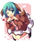  1girl ;d animal_ears aqua_eyes aqua_hair commentary_request dog_ears dog_tail heart kasodani_kyouko long_sleeves one_eye_closed open_mouth shirt skirt smile solo tail touhou uguisu_mochi_(ykss35) 