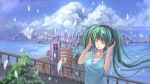  1girl bird city cityscape closed_eyes clouds feathers green_hair hands_on_headphones hatsune_miku headphones highres long_hair sky solo twintails vocaloid youxuemingdie 