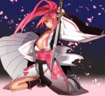  baiken breasts cherry_blossoms cleavage facial_tattoo guilty_gear hyakuhachi_(over3) katana kneeling one_eye_closed pink_hair sword tattoo weapon 