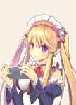  1girl blonde_hair breasts brooch brown_hair bust choker detached_sleeves dress elf erkelee frilled_dress frilled_sleeves frills handheld_game_console highres holding jewelry large_breasts long_hair looking_at_viewer maid maid_headdress myucel_foalan outbreak_company playstation_portable pointy_ears red_ribbon ribbon ringed_eyes simple_background smile solo twintails very_long_hair violet_eyes yellow_background 