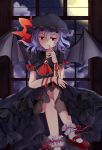  1girl alternate_color bat_wings black_dress crossed_legs dress frilled_dress frills hat hat_ribbon kurumi_(69a4y) lavender_hair mob_cap moon night night_sky puffy_short_sleeves puffy_sleeves remilia_scarlet ribbon see-through short_hair short_sleeves sky star_(sky) starry_sky touhou wings 