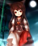  1girl :d amanojaku animal_ears bamboo brooch brown_hair dress dress_lift fang fangs full_moon highres imaizumi_kagerou jewelry juliet_sleeves long_hair long_sleeves moon neckerchief night open_mouth puffy_sleeves red_eyes revision smile touhou very_long_hair wolf_ears 