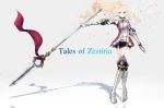  1girl alisha_(tales) alternate_hair_length alternate_hairstyle armor blonde_hair boots copyright_name crossed_legs gloves green_eyes highres knee_boots long_hair mimi_(mini1474) shorts side_ponytail smile solo tales_of_(series) tales_of_zestiria white_background 