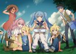  2boys 4girls alternate_costume alternate_hairstyle bandana blonde_hair blue_eyes blue_hair boots bow braid brown_hair cabbie_hat chair clouds cooler cowboy_boots denim eating fence food grass hair_bow hair_ornament hair_ribbon hairband hairclip hand_on_own_head hat hatsune_miku issindotai jeans kagamine_len kagamine_rin kaito long_hair looking_at_viewer megurine_luka meiko multiple_boys multiple_girls onigiri open_mouth overalls pants picnic picnic_basket pink_hair red_shirt ribbon sandwich short_hair short_ponytail single_braid sitting skirt sky smile standing standing_on_one_leg straw_hat tree twintails vest violet_eyes vocaloid 