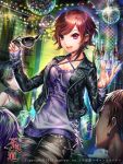  2013 2boys 2girls bottle brown_hair cross esphy furyou_michi_~gang_road~ glowing halterneck leather_jacket multiple_boys multiple_girls official_art open_mouth original ripped_jeans short_hair smile solo_focus sparkle sunglasses violet_eyes 