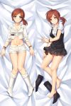  1girl barefoot black_boots black_eyes blush boots boots_removed bracelet breasts brown_hair cleavage collarbone dakimakura highres jacket jewelry large_breasts looking_at_viewer lying midriff navel on_back original short_ponytail shorts skirt smile toes tonee white_boots 