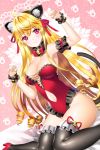  1girl aile_(crossroads) animal_ears bell bell_collar black_legwear blonde_hair breasts cat_ears cat_tail cinia_pacifica cleavage collar detached_collar navel_cutout paw_pose red_eyes sitting sword_girls tagme tail thigh-highs wariza 