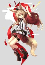  1girl absurdres animal_ears belt blade blonde_hair fox_ears fox_tail green_eyes haik highres jumping katana kokonoe_tsubaki long_hair original red_skirt skirt socks solo striped striped_legwear sword tail weapon 