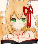  1girl animal_ears bangs bare_shoulders blush breasts cleavage collarbone dongflame fang flat_chest fox_ears green_eyes hair_ornament kitsune looking_at_viewer mon-musu_quest! monster_girl multiple_tails payot pink_background shadow shiny shiny_hair short_hair simple_background smile solo tail tamamo_(mon-musu_quest!) tattoo watermark web_address 