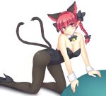  1girl alternate_costume animal_ears bare_shoulders bell black_legwear blush bow bowtie braid breasts cat_ears cat_tail cleavage detached_collar extra_ears gomi_(gomitin) hair_bow high_heels jingle_bell kaenbyou_rin long_hair looking_at_viewer multiple_tails pantyhose pointy_ears red_eyes redhead simple_background smile solo tail touhou twin_braids white_background wrist_cuffs 