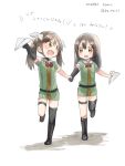  2girls asymmetrical_legwear black_hair bow brown_eyes brown_hair chikuma_(kantai_collection) dress green_dress holding_hands kantai_collection ko_ru_ri long_hair multiple_girls open_mouth paper_airplane smile tone_(kantai_collection) translation_request twintails 