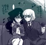  ... 1boy 1girl anger_vein arm_around_shoulder blush breasts claude_frollo contemporary disney drunk esmeralda_(disney) formal full-face_blush karaoke marimo_(yousei_ranbu) microphone monochrome necktie office_lady one_man&#039;s_dream_ii salaryman suit the_hunchback_of_notre_dame younger 