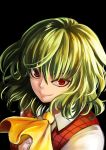  1girl artist_name ascot black_background close_up collared_shirt commentary eyelashes green_hair highres kaori_hero kazami_yuuka light lips looking_at_viewer looking_up nose plaid plaid_vest red_eyes shirt short_hair simple_background smile smirk solo touhou upper_body wavy_hair 