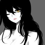  ahri amber_eyes bare_shoulders black_hair breasts cleavage facial_mark hair_between_eyes league_of_legends long_hair monochrome one_eye_closed parted_lips simple_background topless yuneeee 