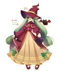  1girl 2014 bat bettols bow brown_eyes coat dress dungeon_and_fighter glasses green_hair hat highres korean long_hair low-tied_long_hair mage_(dungeon_and_fighter) pince-nez shoes smile solo standing transparent_background twintails very_long_hair witch_hat yellow_dress 