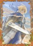  1girl armor bird blonde_hair bokaa_(exploration) cape clouds cloudy_sky excalibur fate/stay_night fate_(series) green_eyes hair_ribbon hand_on_own_chest ribbon saber sky sword weapon 