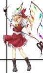  1girl blonde_hair boots eisuto flandre_scarlet hat hat_ribbon highres laevatein long_hair looking_at_viewer mob_cap puffy_short_sleeves puffy_sleeves red_eyes ribbon sash shirt short_sleeves side_ponytail skirt skirt_set smirk solo touhou vest wings wrist_cuffs 