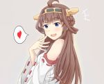  1girl ahoge atatata71 bare_shoulders blue_eyes blush brown_hair bust detached_sleeves double_bun grey_background hairband headgear heart japanese_clothes kantai_collection kongou_(kantai_collection) looking_at_viewer nontraditional_miko ojou-sama_pose simple_background solo spoken_heart 
