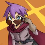  1boy adjusting_sunglasses ahoge artist_name bangs belt blue_eyes cape cloak furin94 glasses gloves looking_at_viewer luka_(mon-musu_quest!) mon-musu_quest! payot purple_hair red_cape shadow solo sunglasses 
