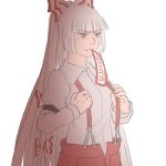  1girl alternate_hairstyle bow expressionless fujiwara_no_mokou hair_bow long_hair lowres mefomefo mouth_hold ofuda pants ponytail red_eyes shirt suspenders suspenders_pull touhou very_long_hair white_hair 