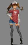  &gt;:( 1girl absurdres attall boots brown_eyes brown_hair cutoff_jeans cutoffs highres long_sleeves solo t-shirt thigh-highs twintails two_side_up 