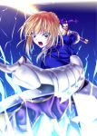 1girl ahoge akeyama_kitsune armor armored_dress blonde_hair blue_eyes dress electricity excalibur fate/stay_night fate_(series) gauntlets glowing glowing_sword glowing_weapon hair_ribbon ribbon saber solo sword weapon 