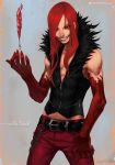  1boy bared_teeth blood carmine chain crystal evil_grin evil_smile fur_collar grin hair_over_one_eye lips lividvelvet long_hair muscle nose pants red_sclera red_skin redhead sleeveless slit_pupils smile solo two-tone_skin under_night_in-birth vest 