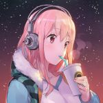  1girl bangs cup ddal drinking drinking_straw fur_trim headphones hood_down hooded_jacket long_hair night night_sky nitroplus pink_eyes pink_hair pink_nails shiny shiny_hair sky solo star_(sky) starry_sky steam super_sonico winter_clothes 