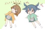  2girls :d :o blue_hair blush brown_hair chibi flying helicopter_hair hiryuu_(kantai_collection) jakoo21 japanese_clothes kantai_collection long_sleeves multiple_girls one_side_up open_mouth skirt smile souryuu_(kantai_collection) twintails 