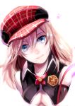  1girl alisa_ilinichina_amiella bare_shoulders blue_eyes breasts bust cabbie_hat cleavage elbow_gloves gloves god_eater god_eater_burst hat head_tilt looking_at_viewer paja smile solo 
