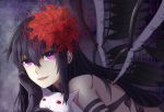  1girl :d akemi_homura akuma_homura bare_shoulders black_dress black_gloves black_hair choker dress elbow_gloves feathered_wings flower gloves grin hair_flower hair_ornament head_rest highres kyubey long_hair looking_at_another looking_at_viewer mahou_shoujo_madoka_magica mahou_shoujo_madoka_magica_movie open_mouth smile spider_lily spoilers violet_eyes wings 