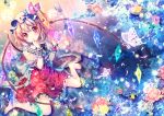 barefoot blonde_hair butterfly dress flandre_scarlet mob_cap red_dress red_eyes riichu side_ponytail sitting solo touhou wariza wings 